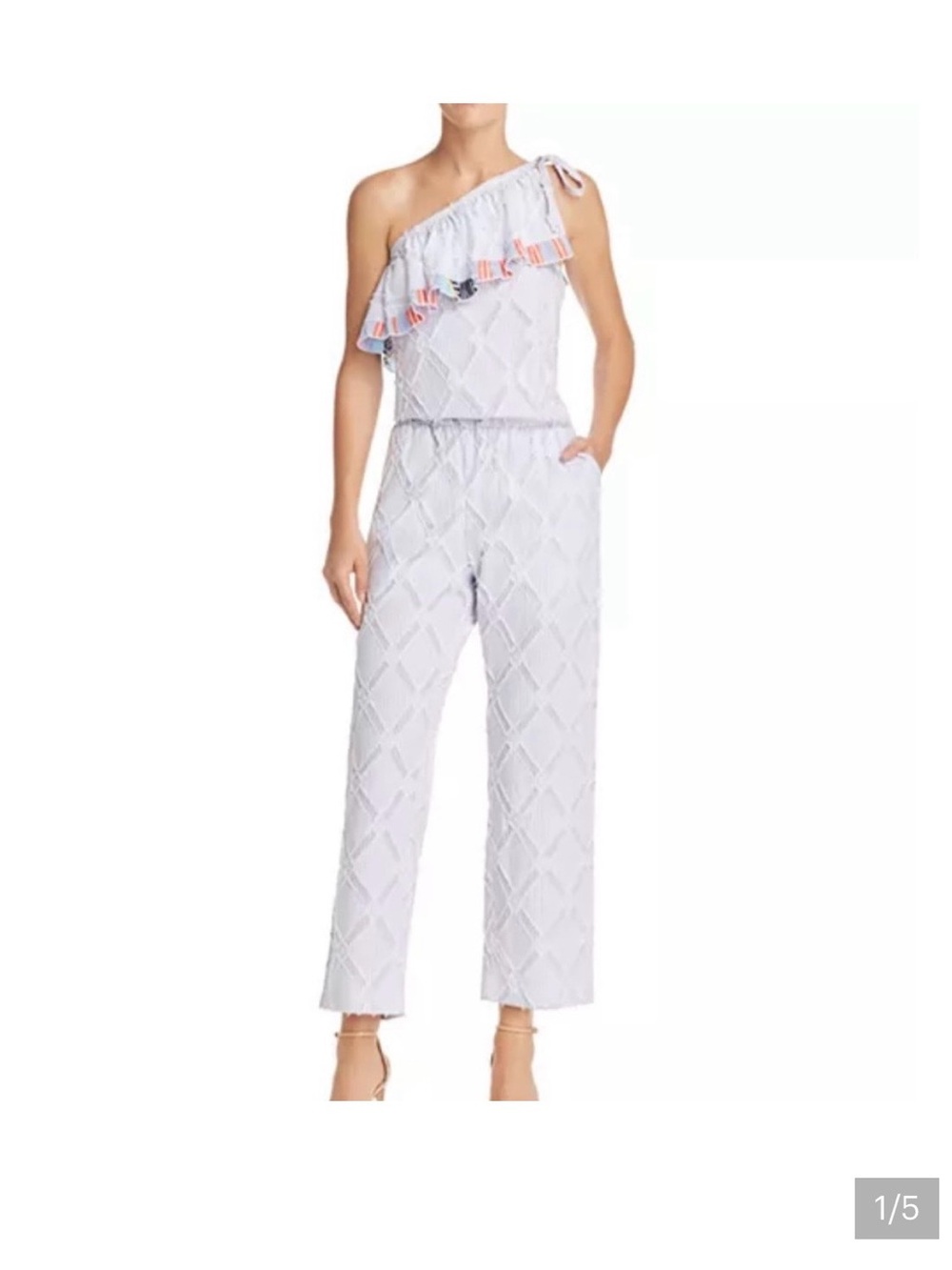 Lemlem White One-Shoulder Eyelet Jumpsuit with Pink Trim